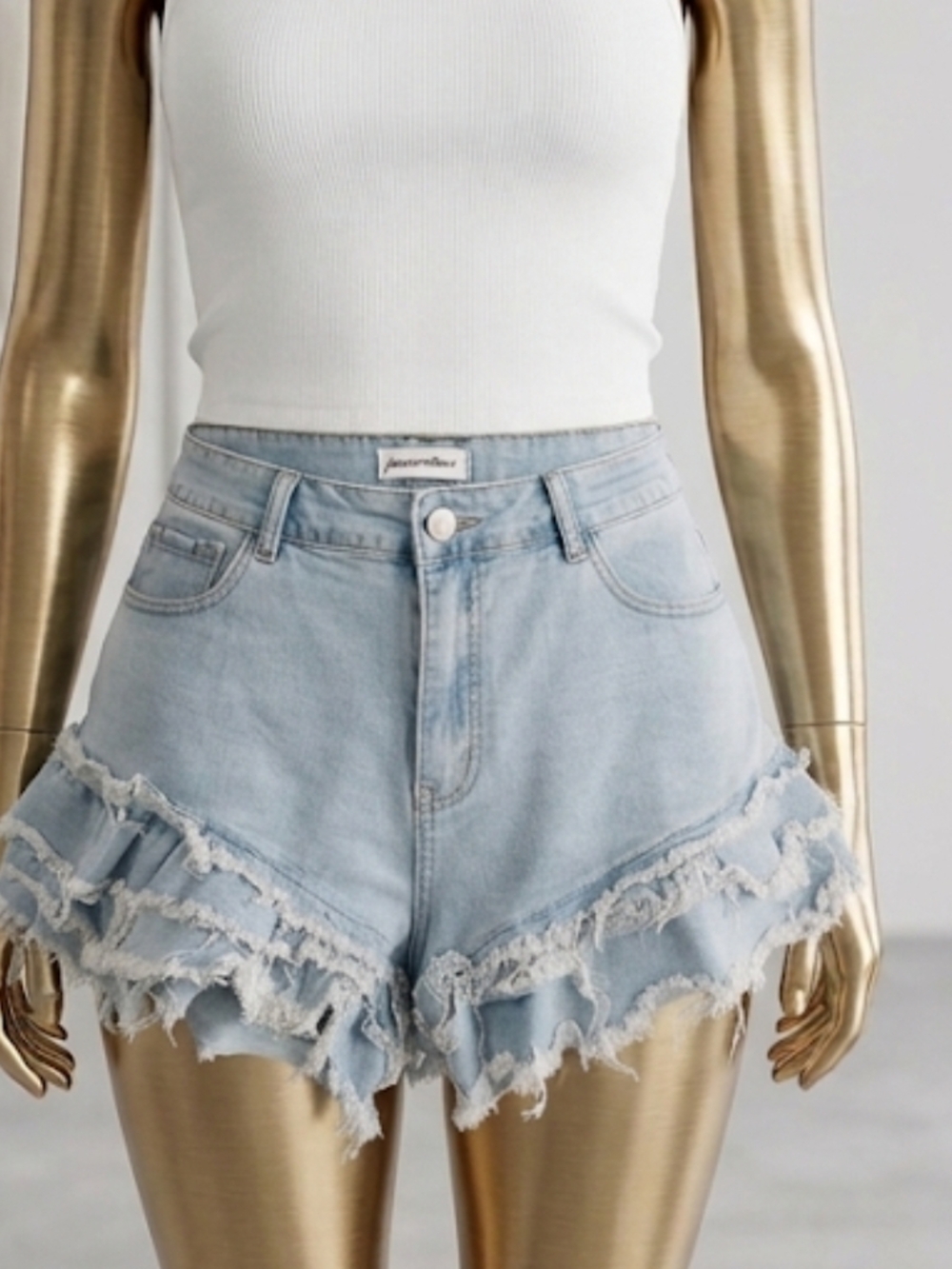 Light Blue Distressed Ruffle Denim Shorts by